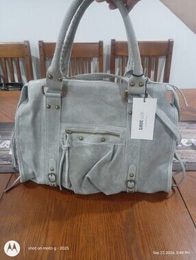 Gave Lux Grey Leather Shoulder Bag with Top Handles and Crossbody Strap